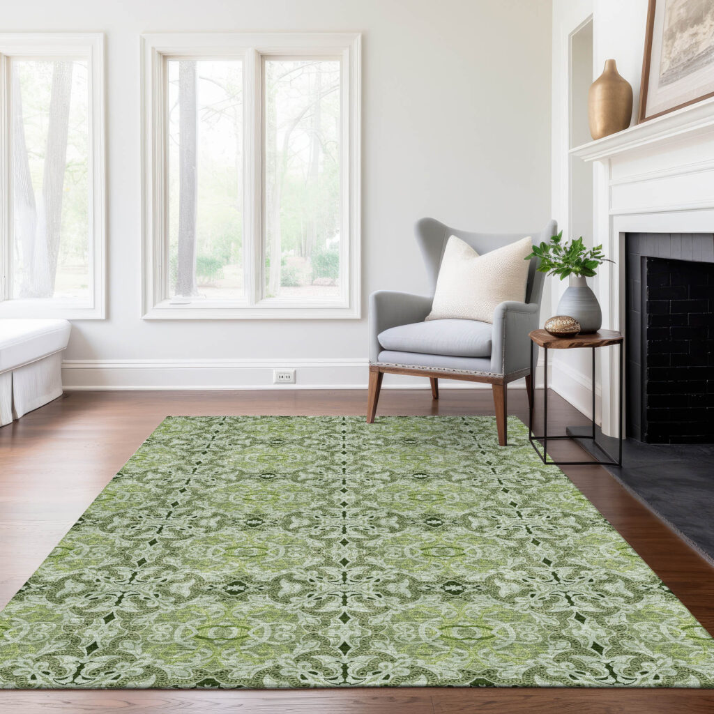 3' X 5' Artichoke Green And Fern Green Medallion Washable Indoor Outdoor Area Rug