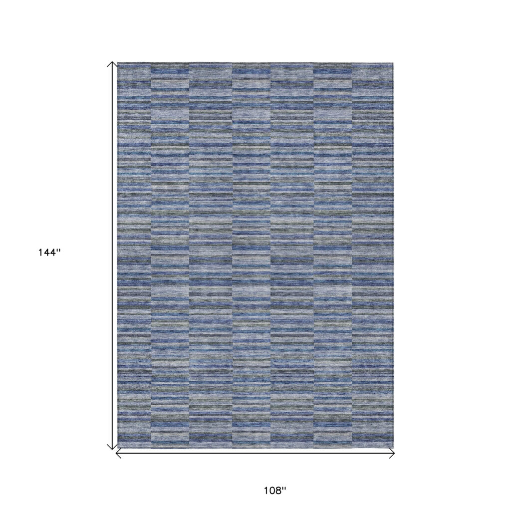 9' X 12' Navy Blue And Denim Blue Striped Washable Indoor Outdoor Area Rug