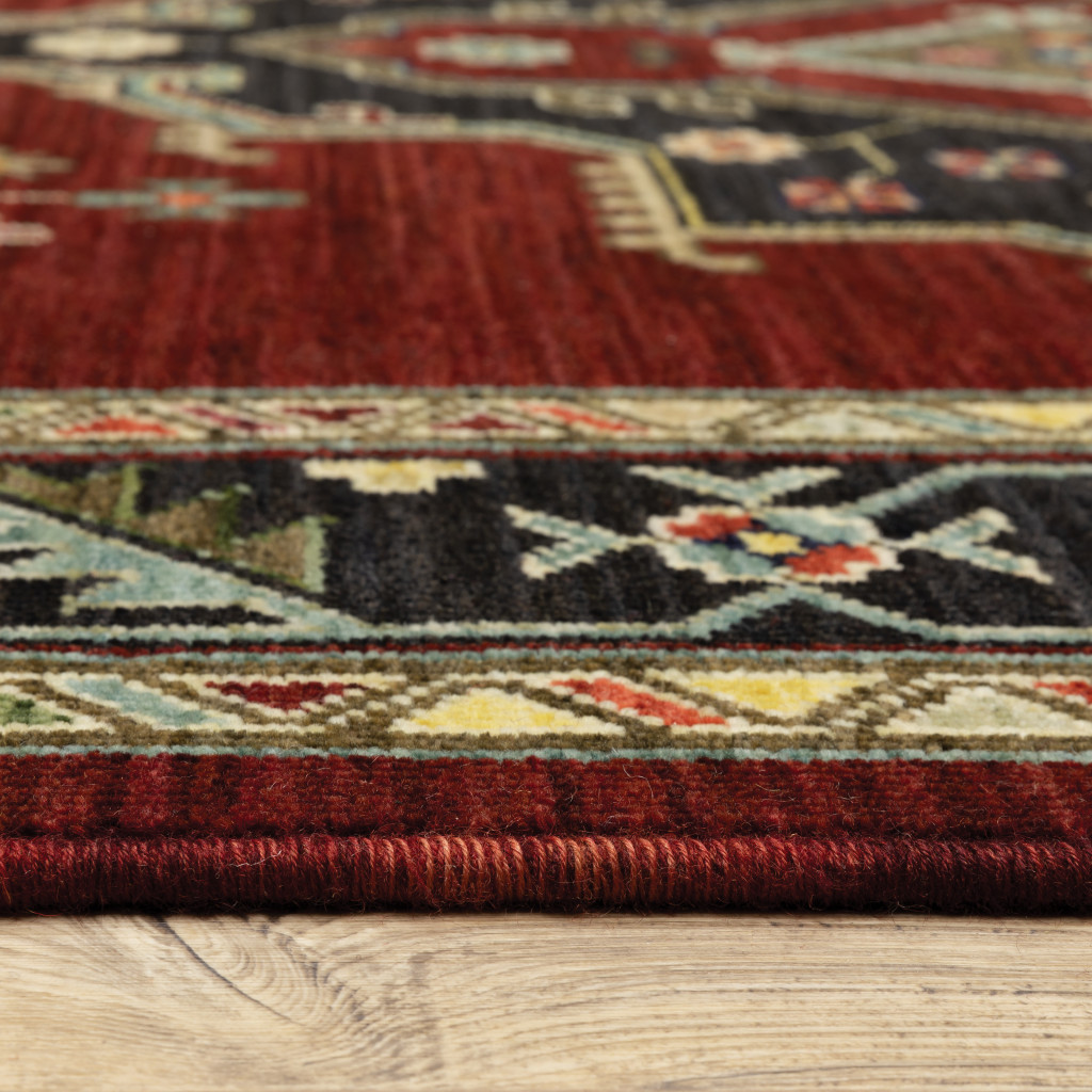 2' X 6' Red Black Beige And Blue Oriental Power Loom Stain Resistant Runner Rug With Fringe