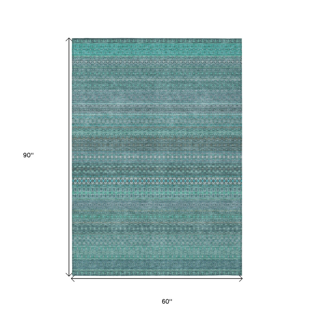 5' X 8' Turquoise Striped Washable Non Skid Indoor Outdoor Area Rug