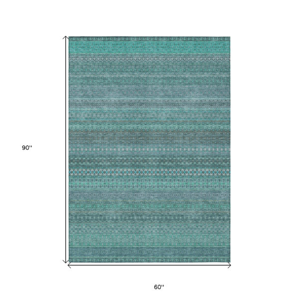 5' X 8' Turquoise Striped Washable Non Skid Indoor Outdoor Area Rug