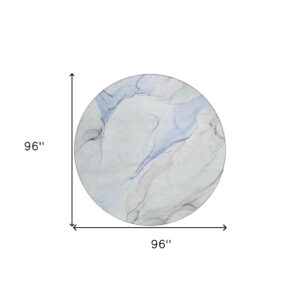 8' Round Ivory Blue and Gray Round Abstract Washable Non Skid Indoor Outdoor Area Rug