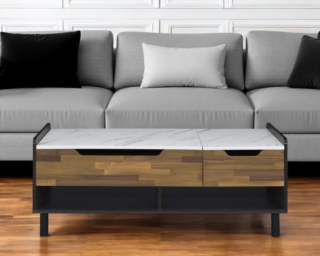 47" Black Brown And White Faux Marble And Wood Lift Top Coffee Table