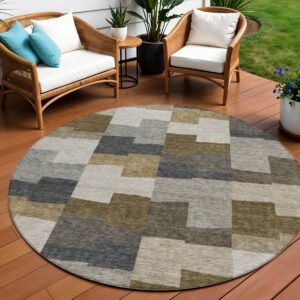 8' Brown Beige And Ivory Round Geometric Washable Indoor Outdoor Area Rug