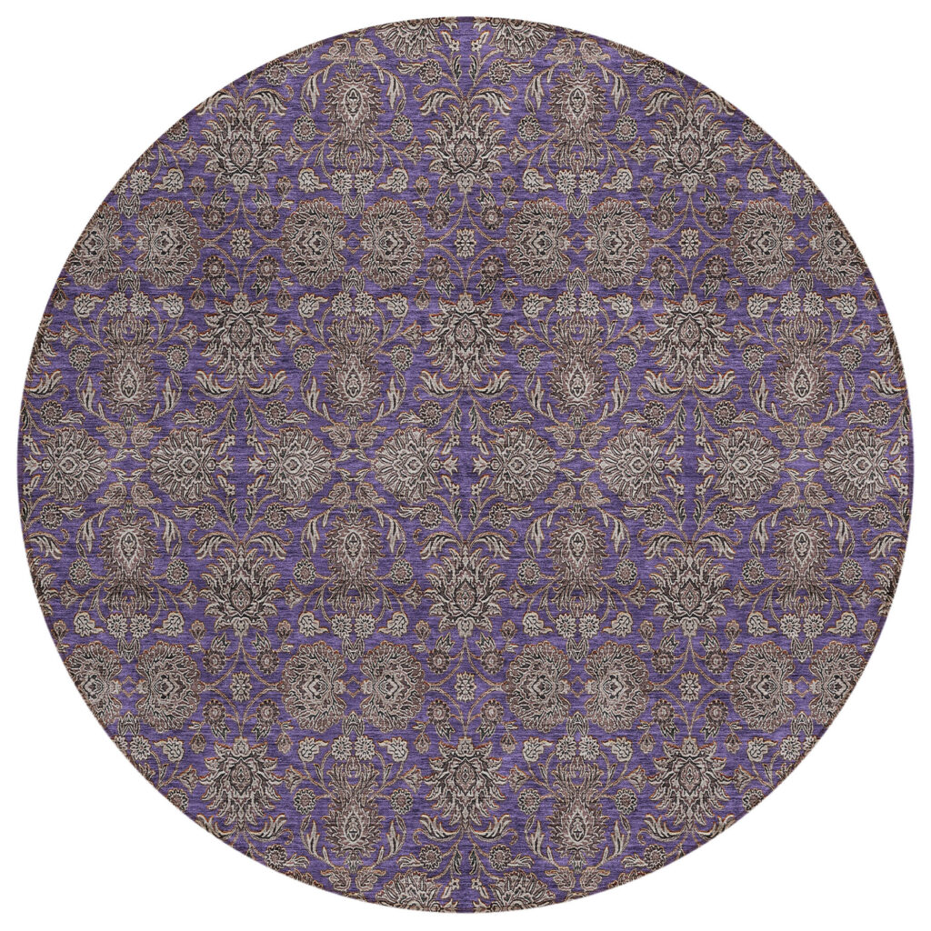 8' Purple Beige And Taupe Round Floral Washable Indoor Outdoor Area Rug