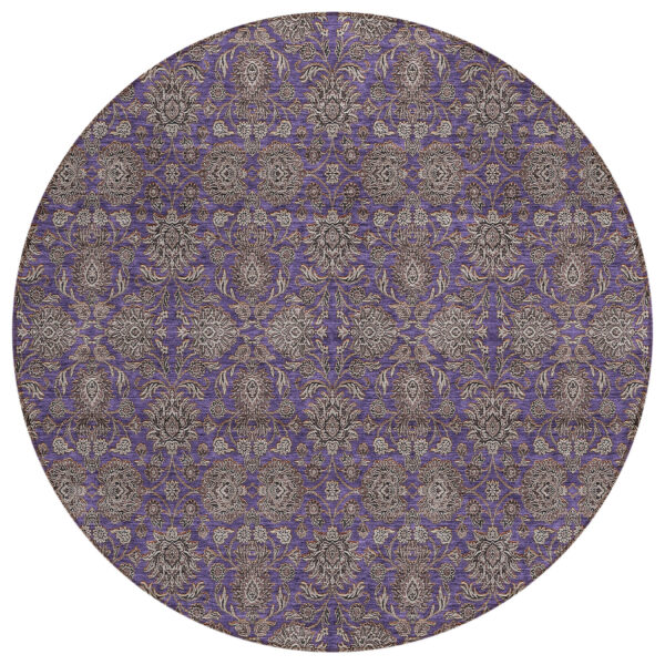 8' Purple Beige And Taupe Round Floral Washable Indoor Outdoor Area Rug