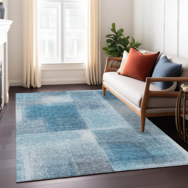 10' X 14' Denim Blue And Navy Blue Abstract Washable Indoor Outdoor Area Rug
