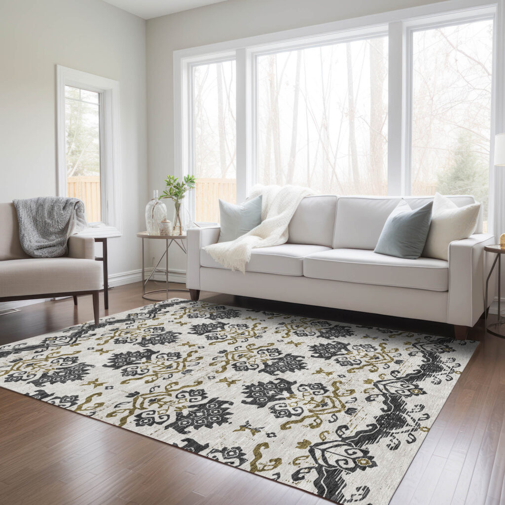 5' X 8' Black Beige And Gold Oriental Washable Indoor Outdoor Area Rug