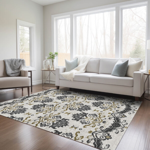 5' X 8' Black Beige And Gold Oriental Washable Indoor Outdoor Area Rug