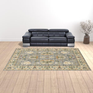 10' X 13' Grey Ivory Orange Teal Green Charcoal Blue And Red Oriental Power Loom Stain Resistant Area Rug With Fringe