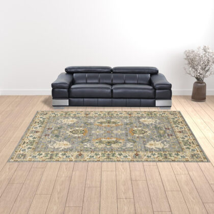 10' X 13' Grey Ivory Orange Teal Green Charcoal Blue And Red Oriental Power Loom Stain Resistant Area Rug With Fringe