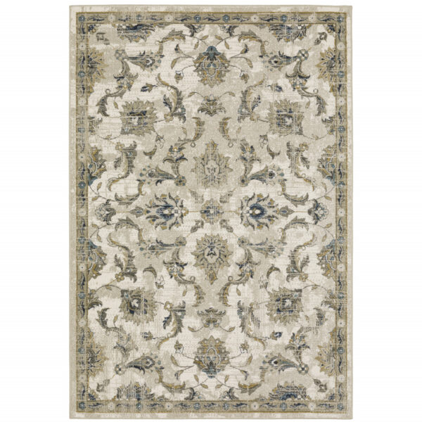 5' X 7' Beige Gold Blue And Grey Oriental Power Loom Stain Resistant Area Rug