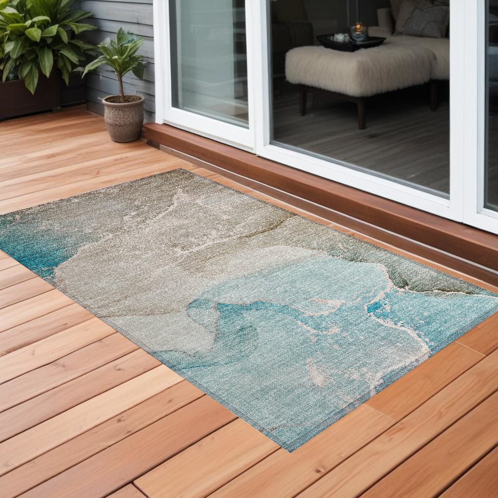 3' X 5' Teal Abstract Washable Non Skid Indoor Outdoor Area Rug