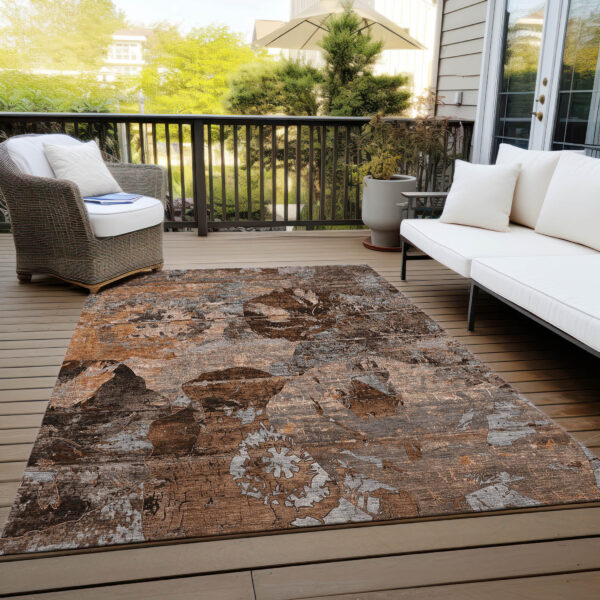 5' X 8' Brown Terracotta and Gray Floral Washable Non Skid Indoor Outdoor Area Rug
