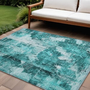 10' X 14' Teal Floral Washable Non Skid Indoor Outdoor Area Rug
