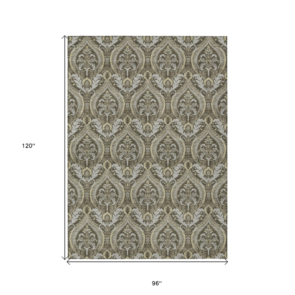 8' X 10' Taupe and Beige Damask Washable Non Skid Indoor Outdoor Area Rug