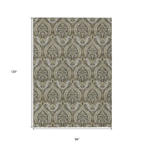 8' X 10' Taupe and Beige Damask Washable Non Skid Indoor Outdoor Area Rug