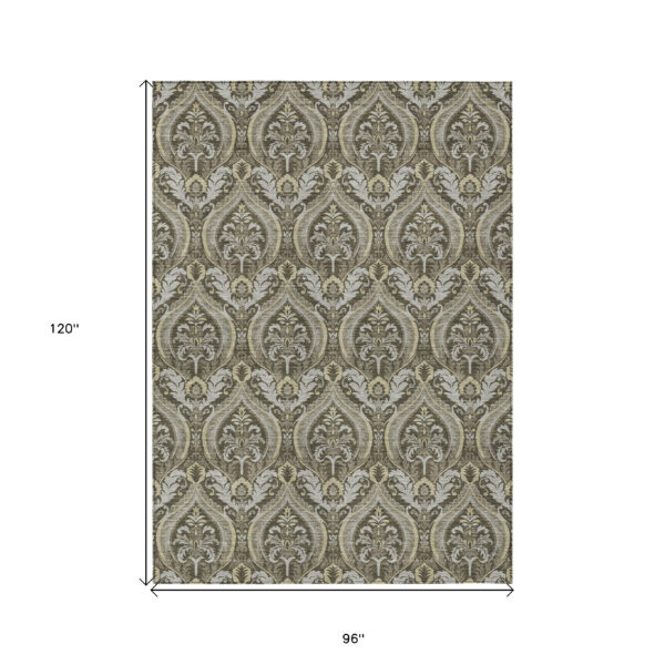 8' X 10' Taupe and Beige Damask Washable Non Skid Indoor Outdoor Area Rug