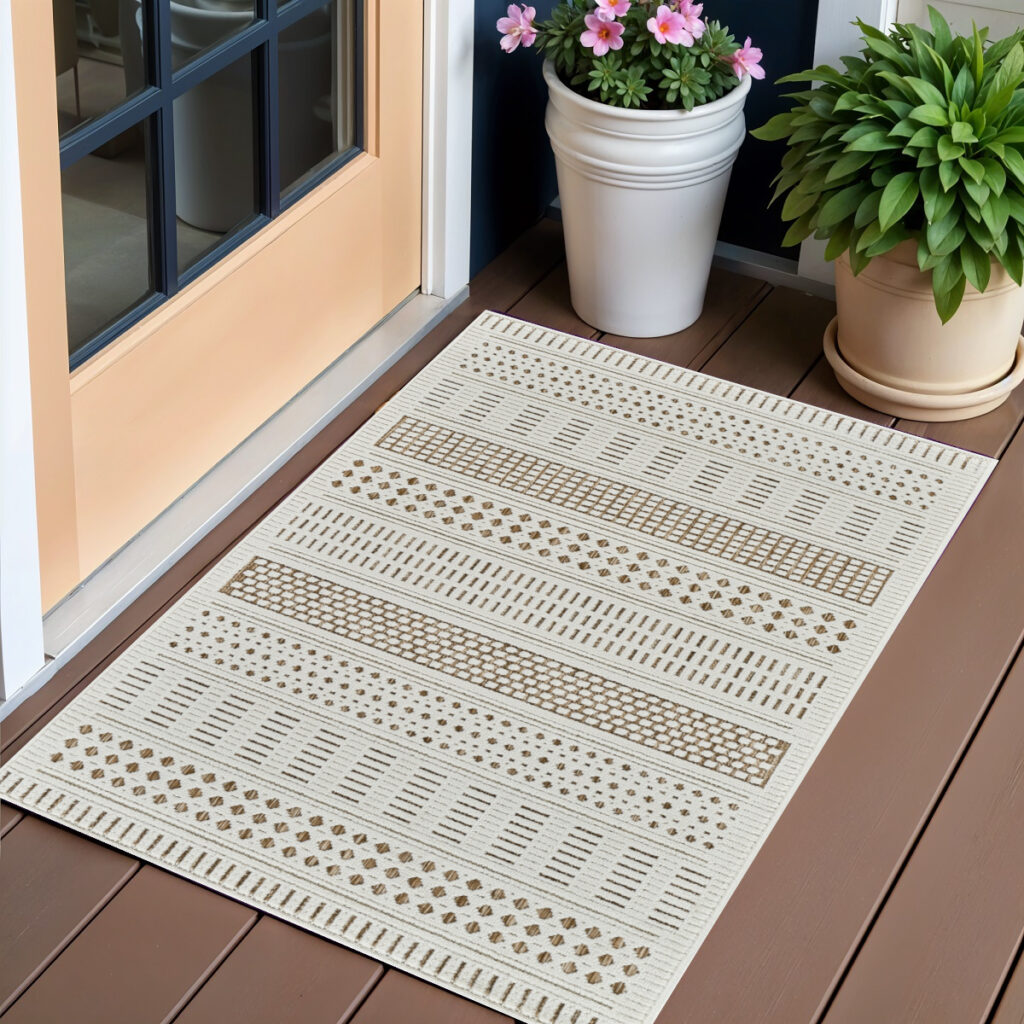 3' X 5' Beige and Brown Geometric Distressed Indoor Outdoor Area Rug