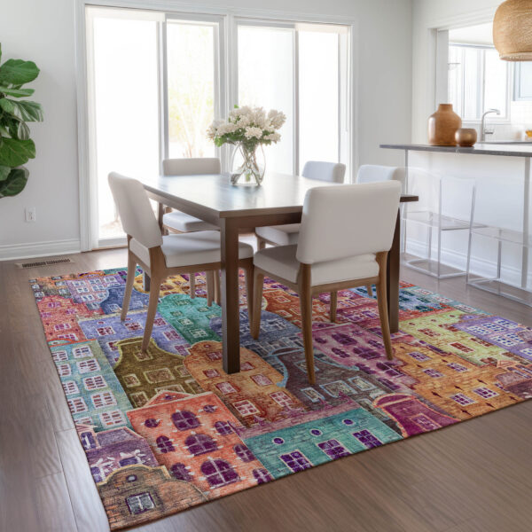 8' X 10' Red Gold And Teal Blue Village Houses Washable Indoor Outdoor Area Rug