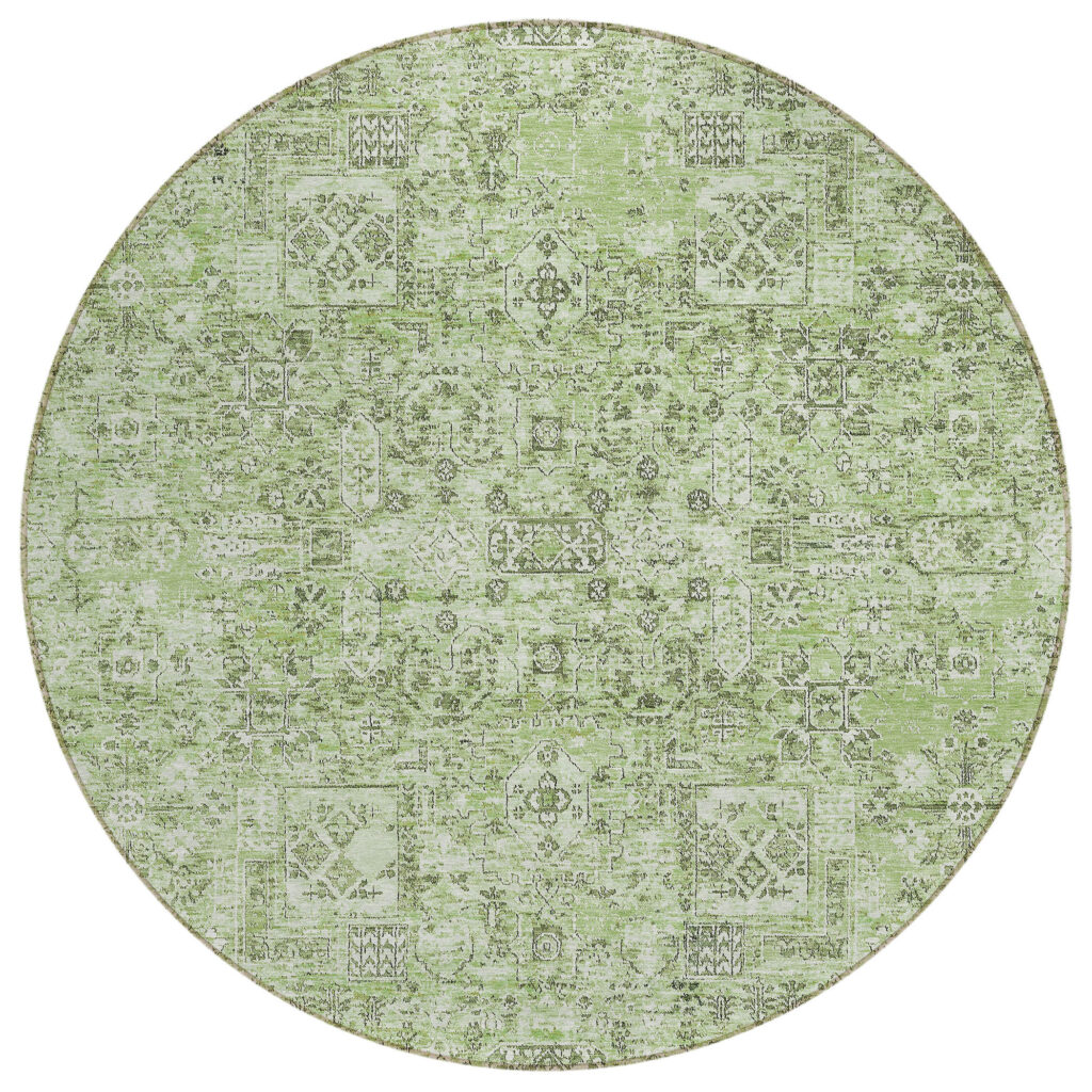 8' Artichoke Green And Olive Green Round Floral Washable Indoor Outdoor Area Rug