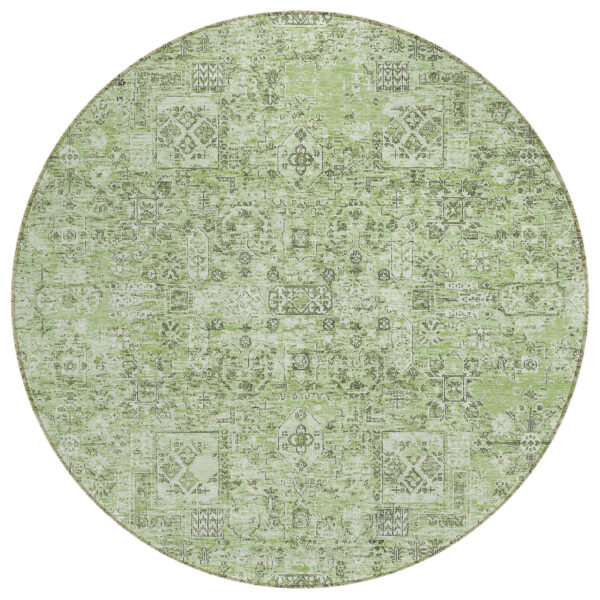 8' Artichoke Green And Olive Green Round Floral Washable Indoor Outdoor Area Rug