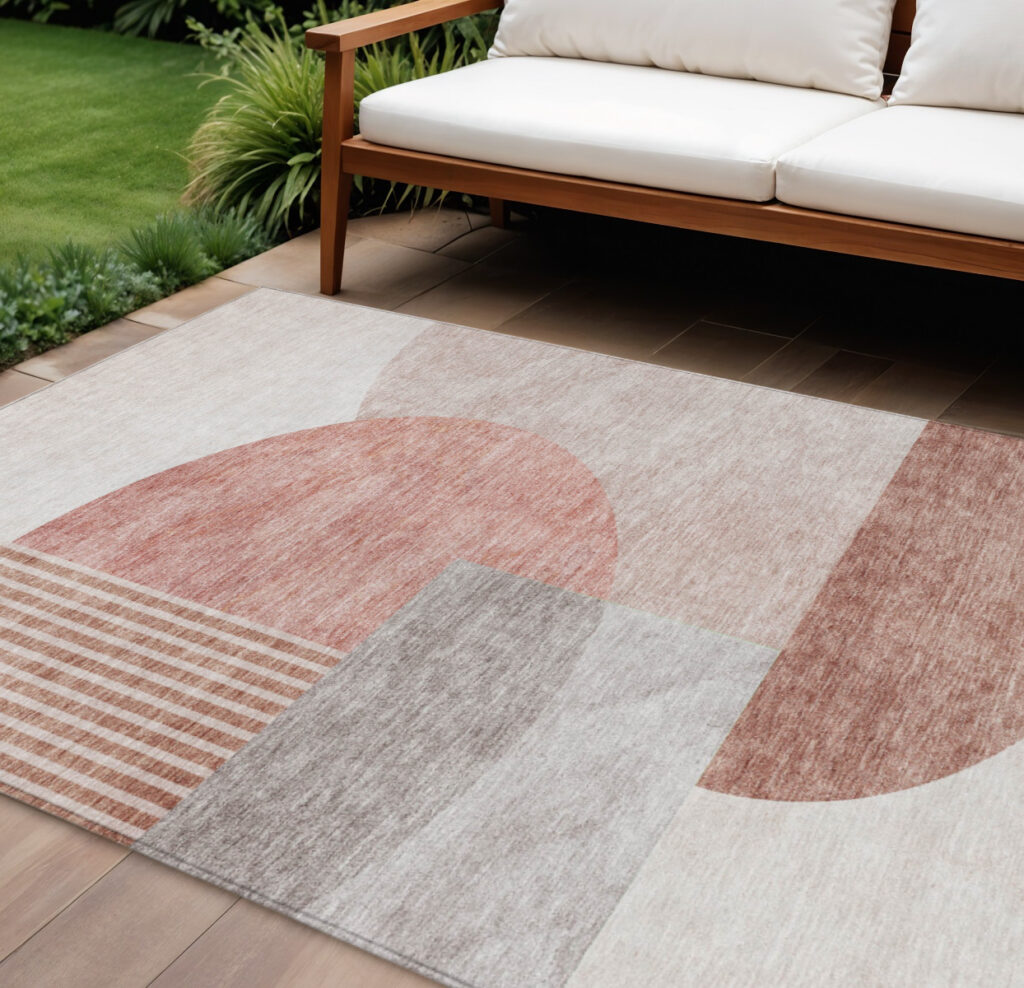 10' X 14' Copper Red And Gray Geometric Washable Indoor Outdoor Area Rug