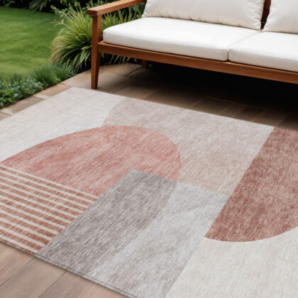 10' X 14' Copper Red And Gray Geometric Washable Indoor Outdoor Area Rug