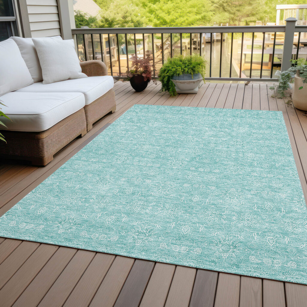 10' X 14' Aqua And Ivory Floral Washable Indoor Outdoor Area Rug