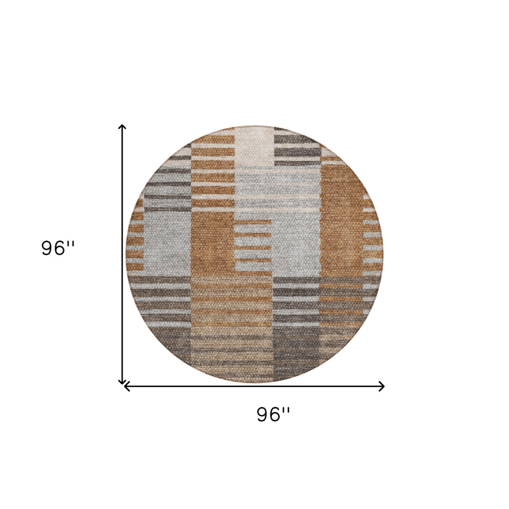 8' Chocolate And Gray Round Striped Washable Indoor Outdoor Area Rug