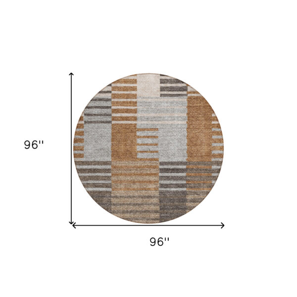 8' Chocolate And Gray Round Striped Washable Indoor Outdoor Area Rug