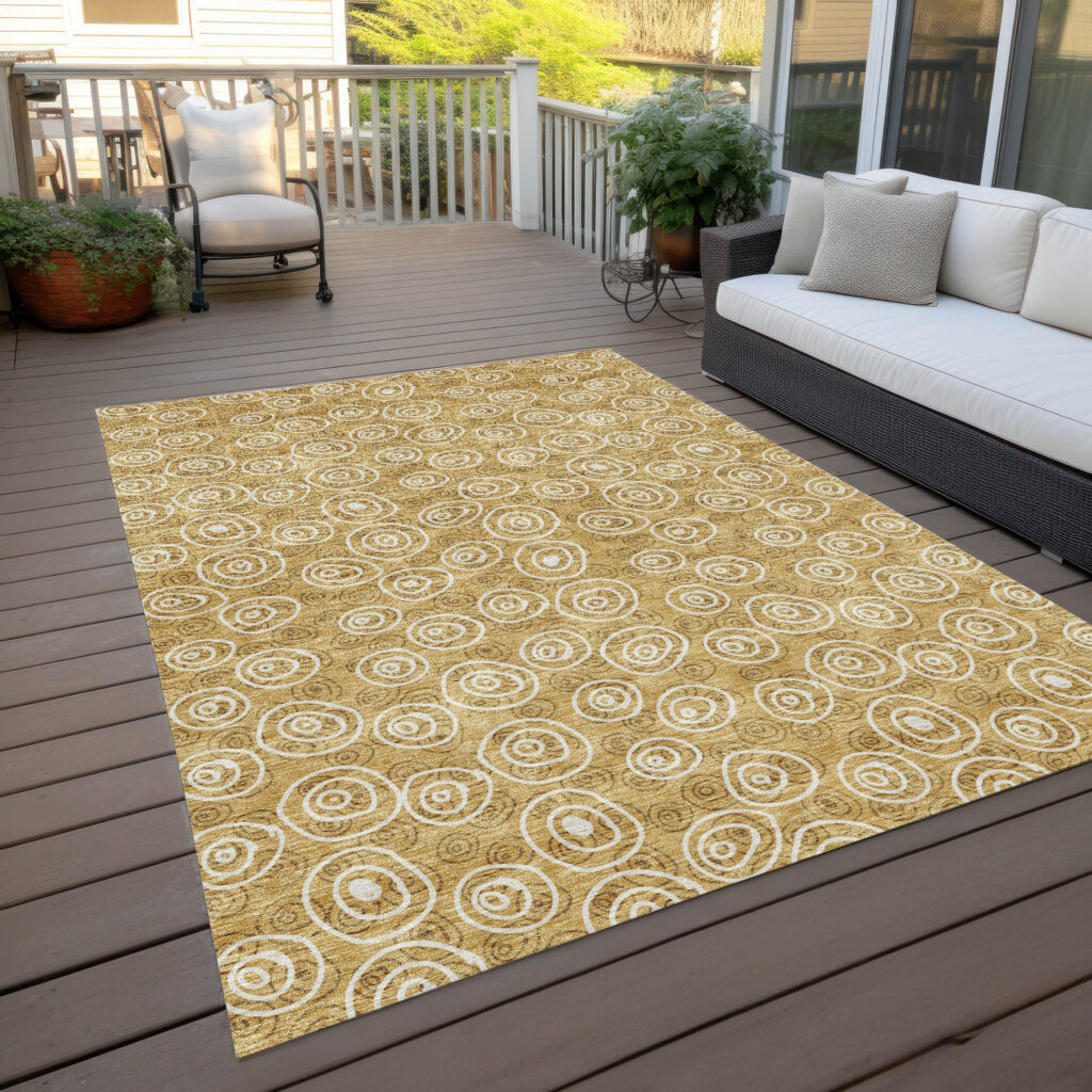 5' X 8' Gold Beige And Ivory Geometric Washable Indoor Outdoor Area Rug