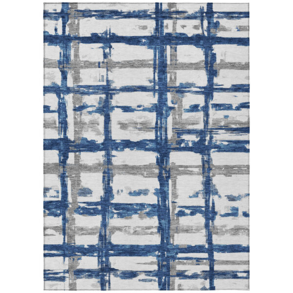5' X 8' Navy Blue Gray And Silver Striped Washable Indoor Outdoor Area Rug