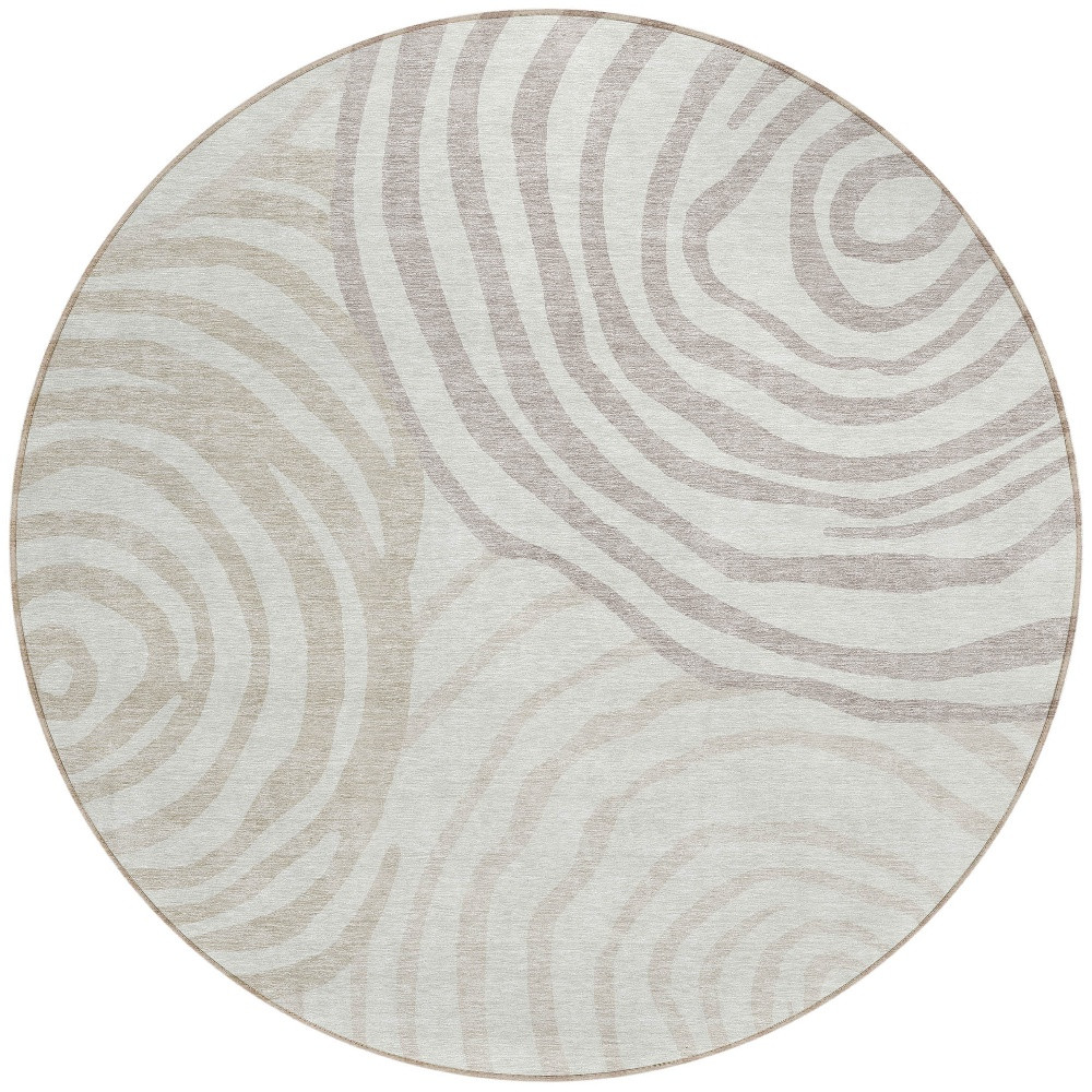 8' Ivory Beige And Khaki Round Abstract Washable Indoor Outdoor Area Rug