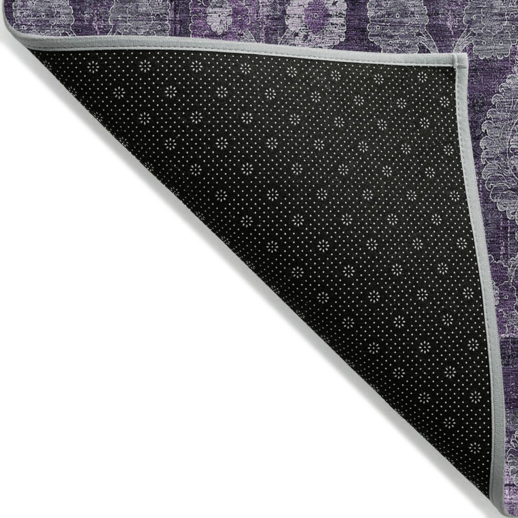 9' X 12' Eggplant Purple And Lavender Damask Washable Indoor Outdoor Area Rug