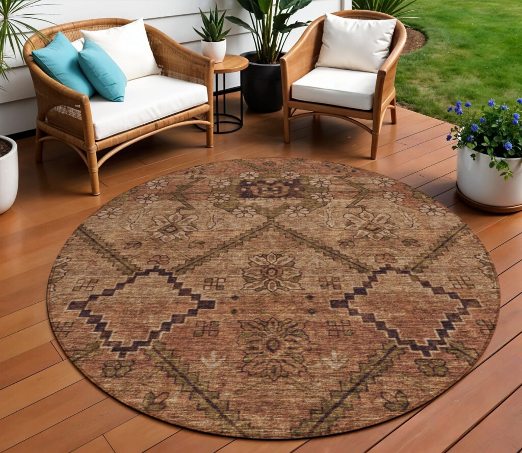 8' Orange Copper And Brown Round Floral Washable Indoor Outdoor Area Rug