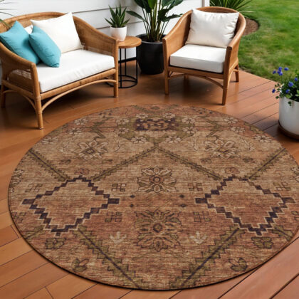 8' Orange Copper And Brown Round Floral Washable Indoor Outdoor Area Rug