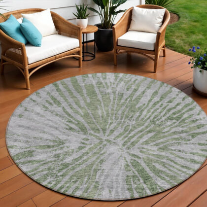 8' Olive Green Gray And Silver Round Abstract Washable Indoor Outdoor Area Rug