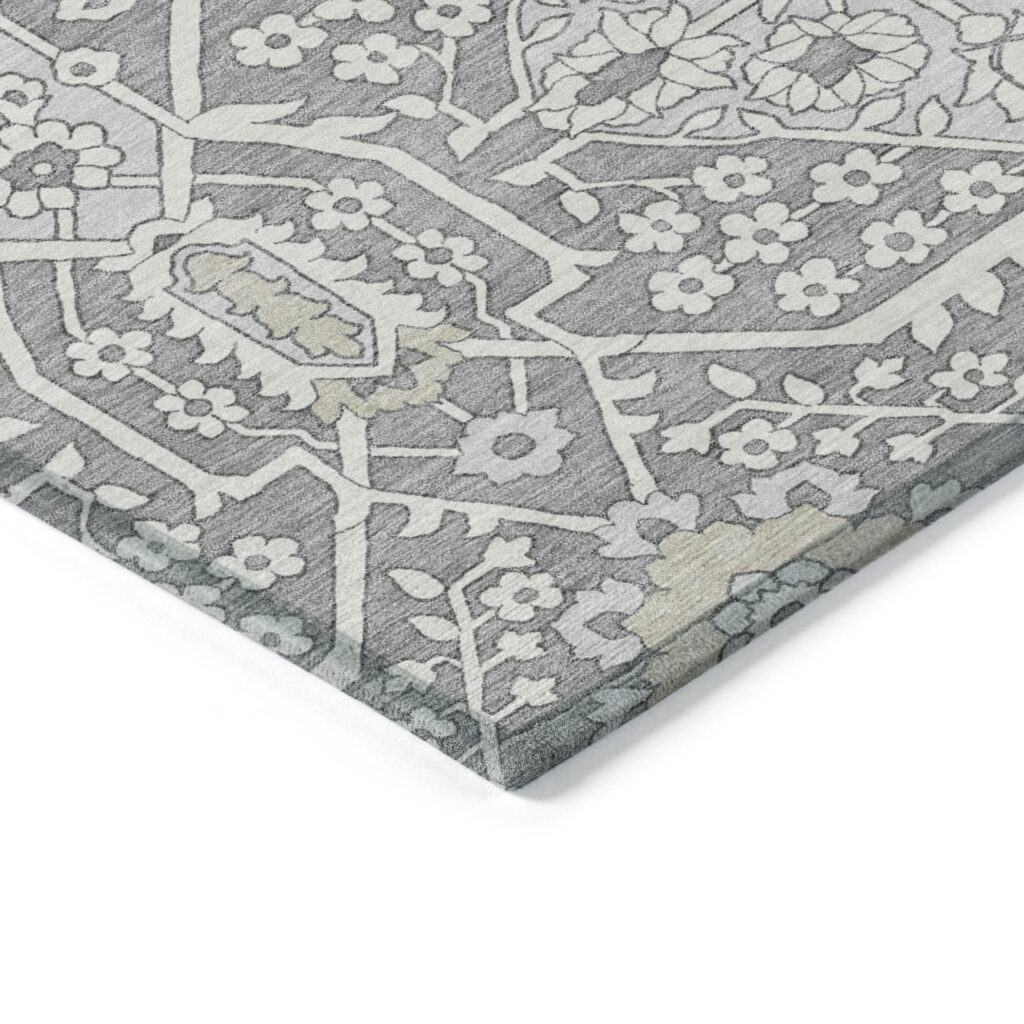 5' X 8' Gray Ivory And Silver Floral Washable Indoor Outdoor Area Rug