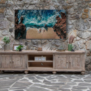 93" Desert Sand Solid Wood Cabinet Enclosed Storage Distressed TV Stand