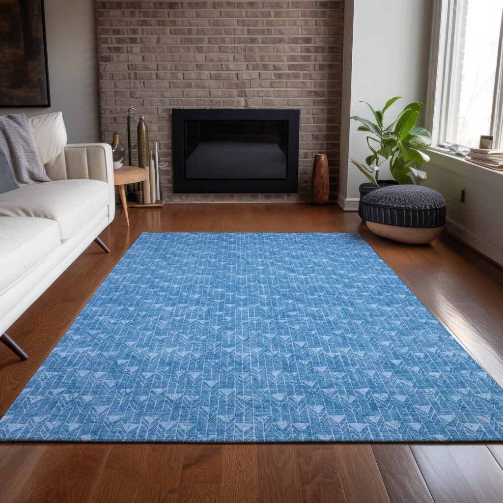 5' X 8' Blue Geometric Washable Non Skid Indoor Outdoor Area Rug