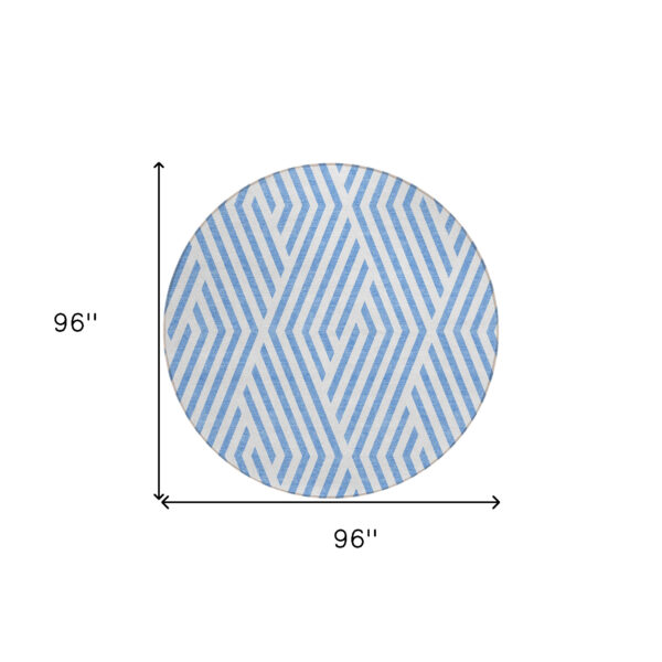 8' Round Blue and Ivory Round Geometric Washable Non Skid Indoor Outdoor Area Rug