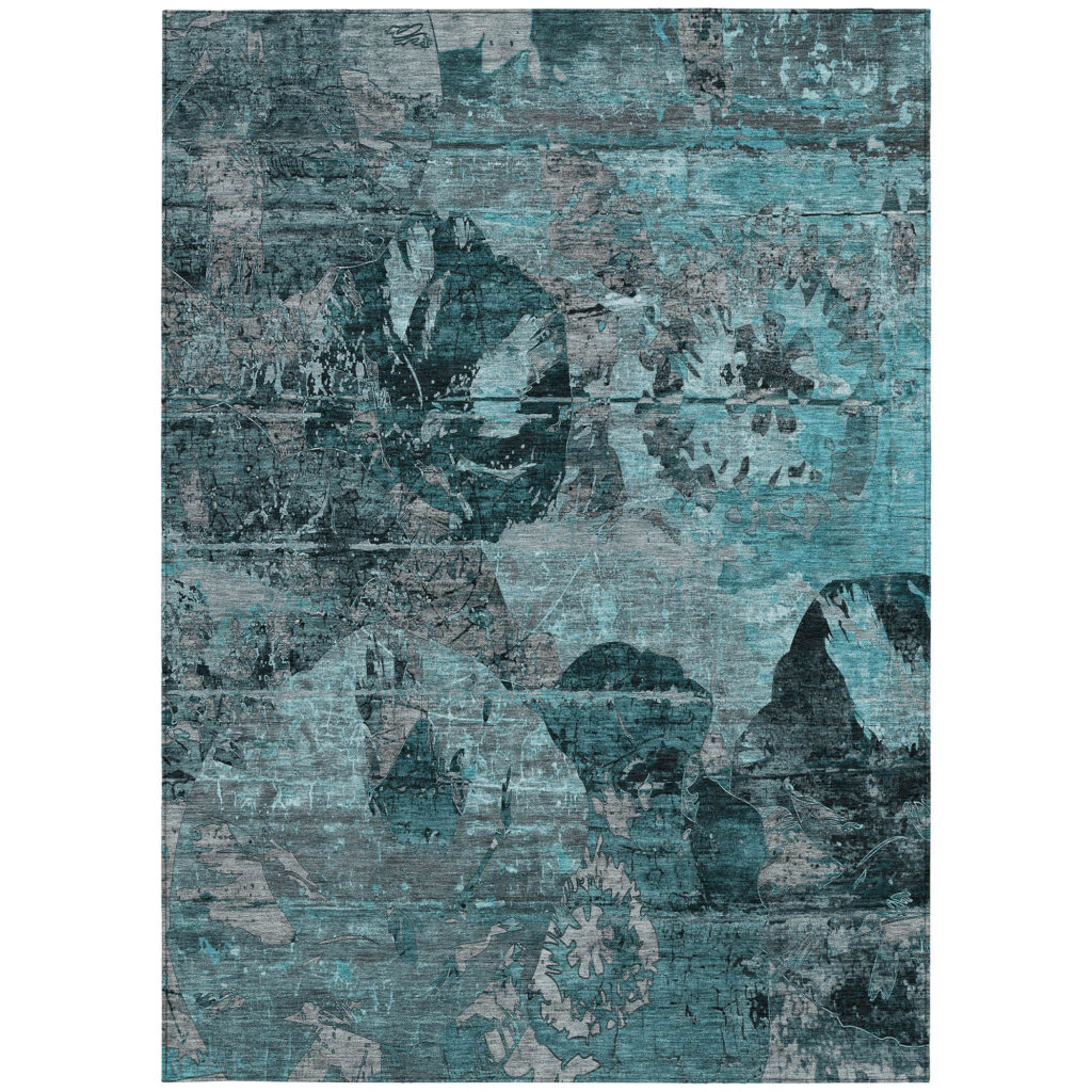 9' X 12' Teal and Gray Floral Washable Non Skid Indoor Outdoor Area Rug