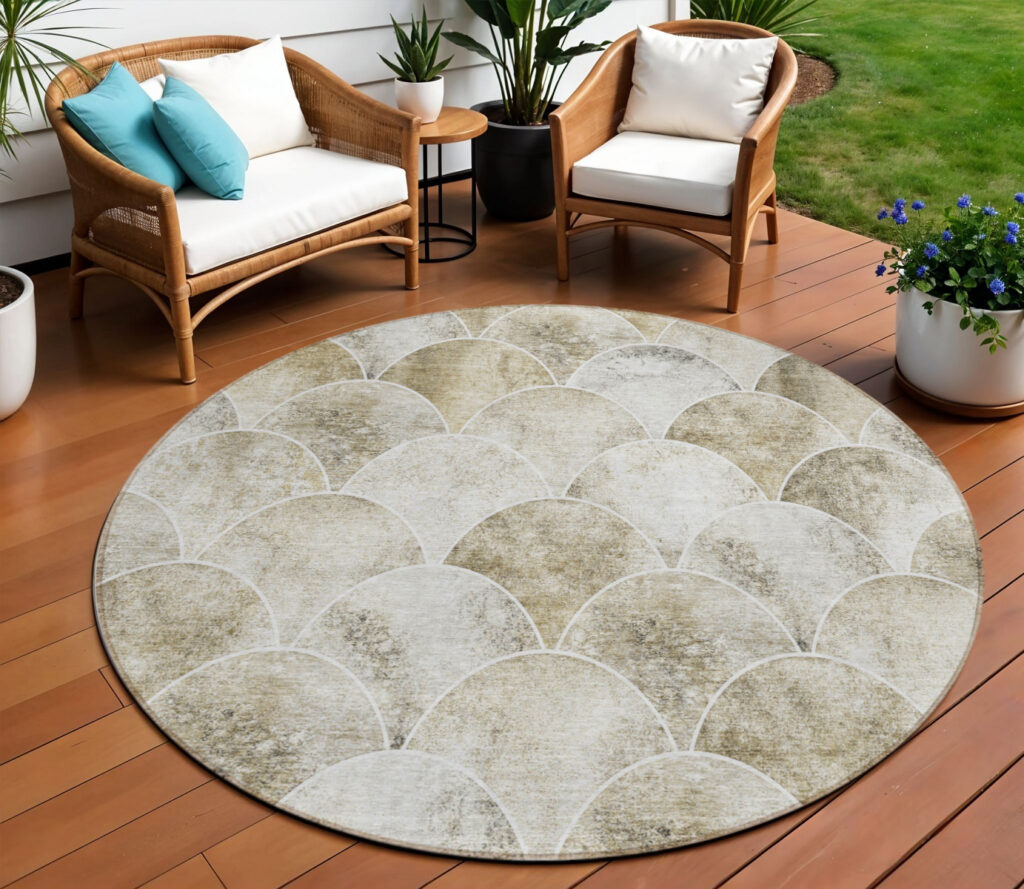 8' Beige Ivory And Tan Round Abstract Washable Indoor Outdoor Area Rug