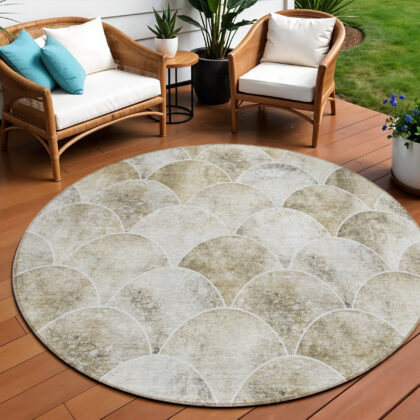 8' Beige Ivory And Tan Round Abstract Washable Indoor Outdoor Area Rug