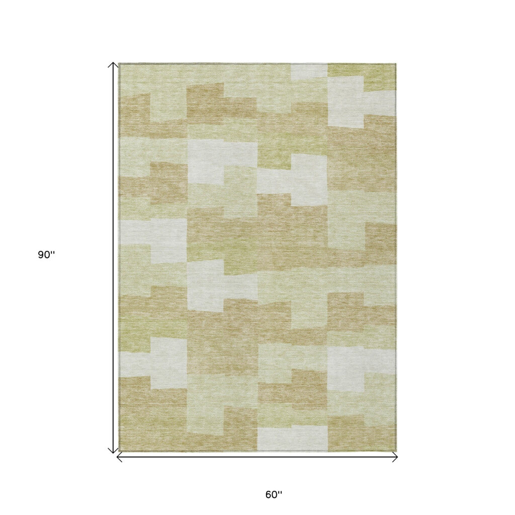 5' X 8' Beige Ivory And Brown Geometric Washable Indoor Outdoor Area Rug