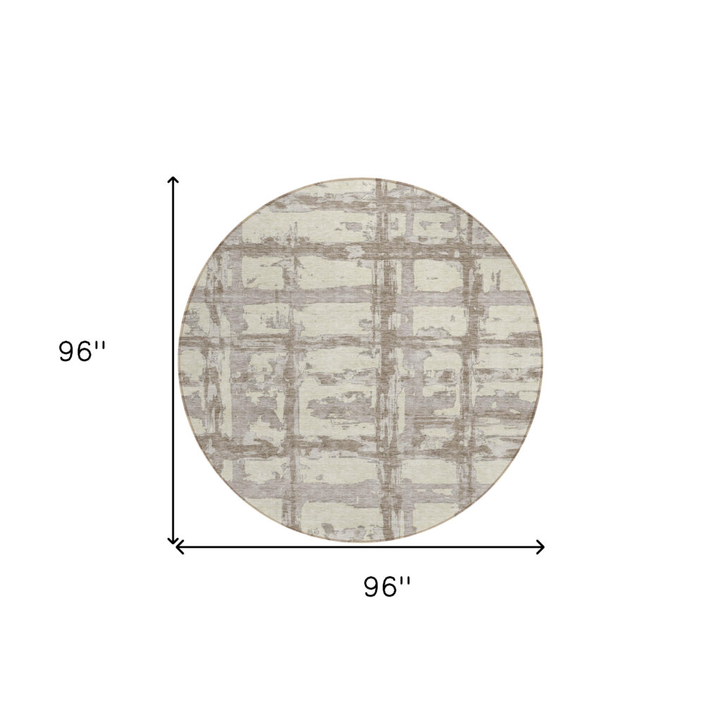 8' Beige Brown And Taupe Round Striped Washable Indoor Outdoor Area Rug