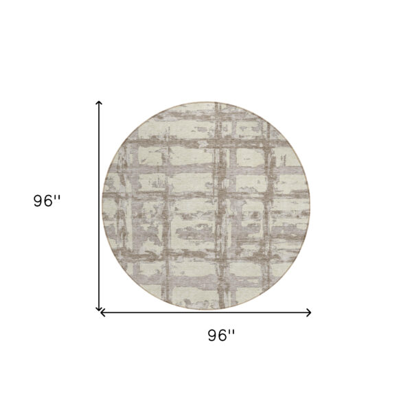 8' Beige Brown And Taupe Round Striped Washable Indoor Outdoor Area Rug