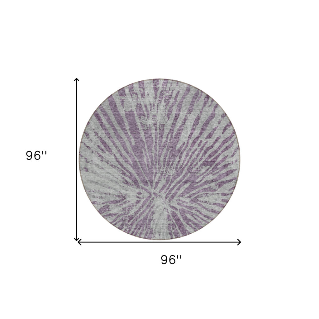 8' Purple And Gray Round Abstract Washable Indoor Outdoor Area Rug
