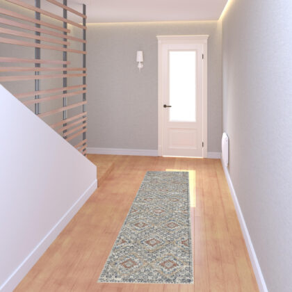 2' X 8' Grey Ivory And Blue Southwestern Power Loom Non Skid Runner Rug